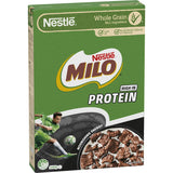 Nestle Milo Cereal High Protein, a crunchy chocolate malt cereal with 10.8g protein per serve for a nutritious breakfast boost.