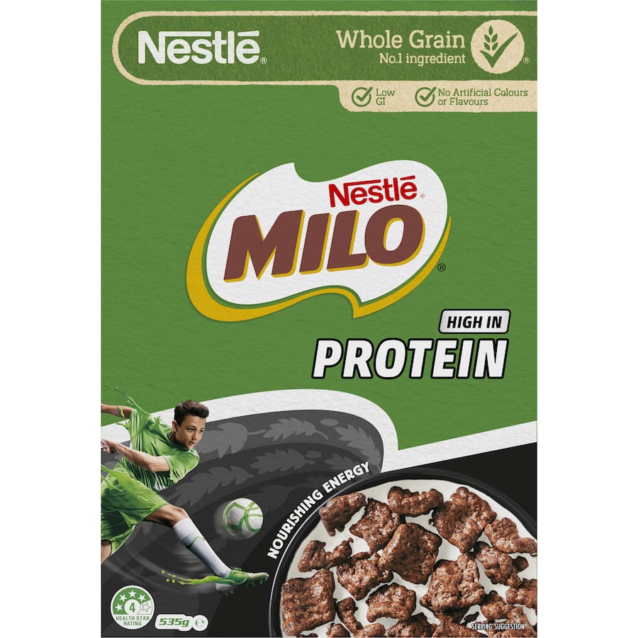 Nestle Milo Cereal High Protein: Crunchy whole grain cereal with 10.8g protein and MILO chocolate flavor for energized mornings.