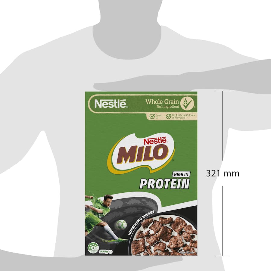 Nestle Milo Cereal High Protein: Crunchy chocolate malt cereal with 10.8g protein per serve, enriching active lifestyles.