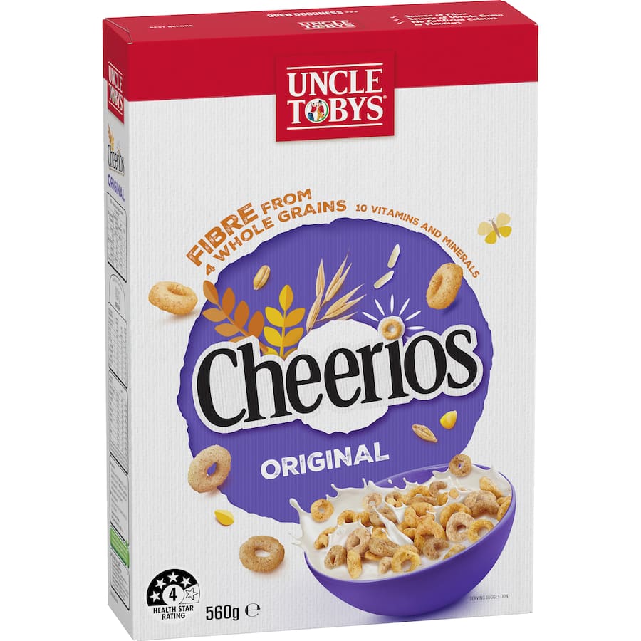 A box of Uncle Toby's Cheerios Wholegrain cereal, showcasing multigrain goodness and a health star rating of 4 out of 5.