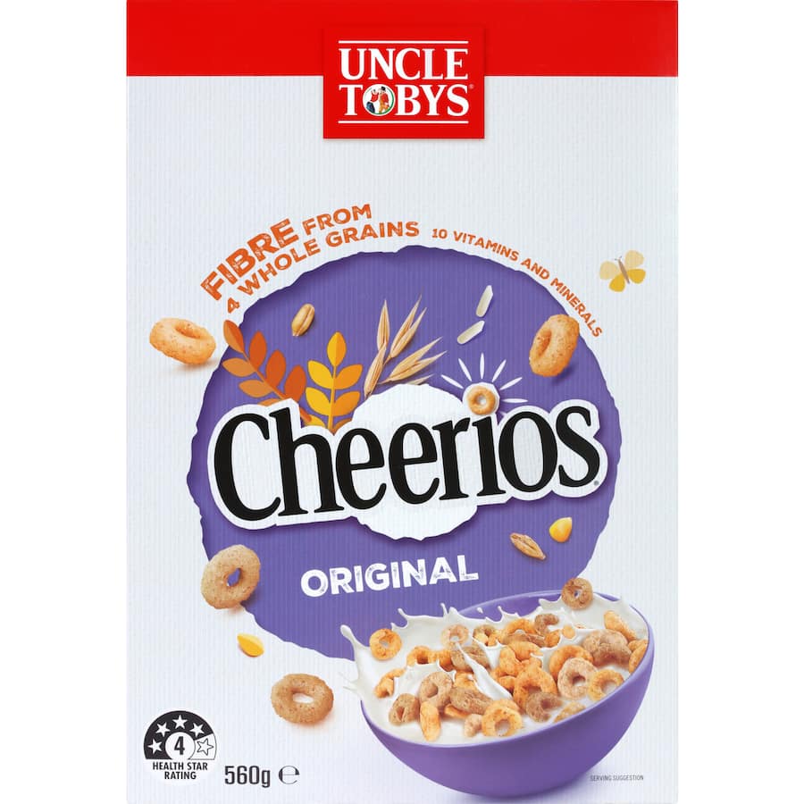 A bowl of Uncle Toby's Cheerios Wholegrain cereal featuring crunchy O's made from corn, wheat, oats, and rice for a nutritious breakfast.