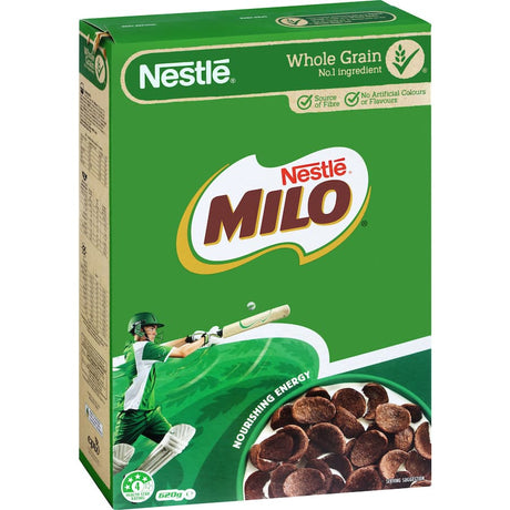 A bowl of Nestle Milo Cereal showcasing crunchy whole grains and rich chocolate malt flavor, perfect for energizing mornings.