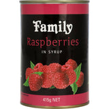 Jar of Family Raspberries in Syrup showcasing handpicked berries in a rich syrup, ideal for desserts and breakfast toppings.