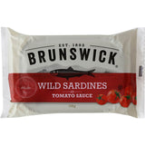 Brunswick Sardines in Tomato Sauce featuring wild-caught sardines rich in omega-3, protein, and calcium for a healthy meal.
