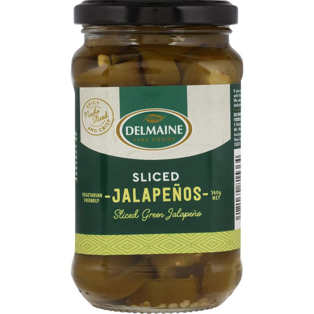 Sliced Delmaine jalapenos in a jar, ideal for adding moderate heat to tacos, pizzas, salsas, and salads.