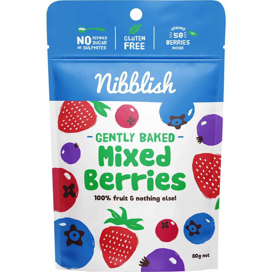 Delectable Nibblish mixed berries featuring strawberries, cranberries, blueberries, and blackcurrants, baked for a nutritious snack.