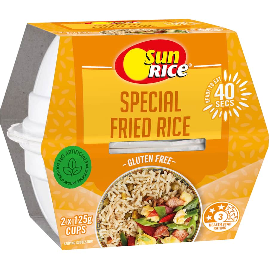 Microwaveable cup of Sunrice Special Fried Rice, ready in 90 seconds for a quick, flavorful meal without artificial flavors.