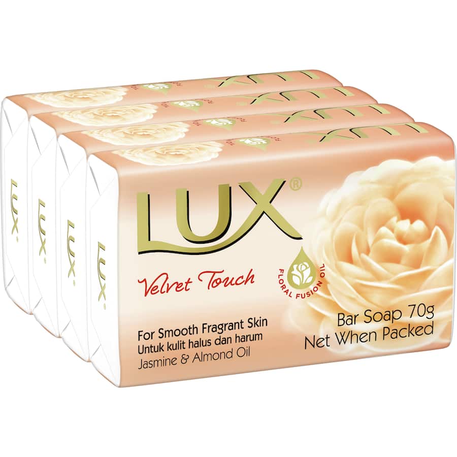 Lux Bar Soap Velvet Touch, a 4-pack soap infused with jasmine and almond oil for a soft, fragrant skin experience.