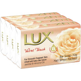 Lux Bar Soap Velvet Touch, a 4-pack soap infused with jasmine and almond oil for a soft, fragrant skin experience.