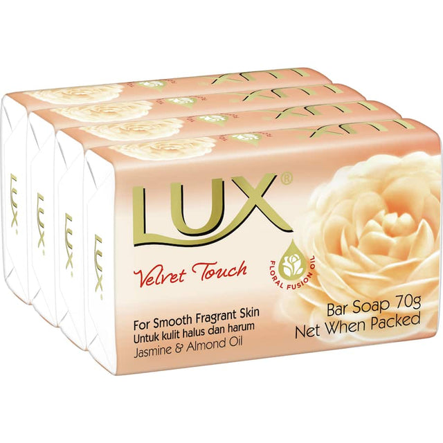 Lux Bar Soap Velvet Touch, a 4-pack soap infused with jasmine and almond oil for a soft, fragrant skin experience.