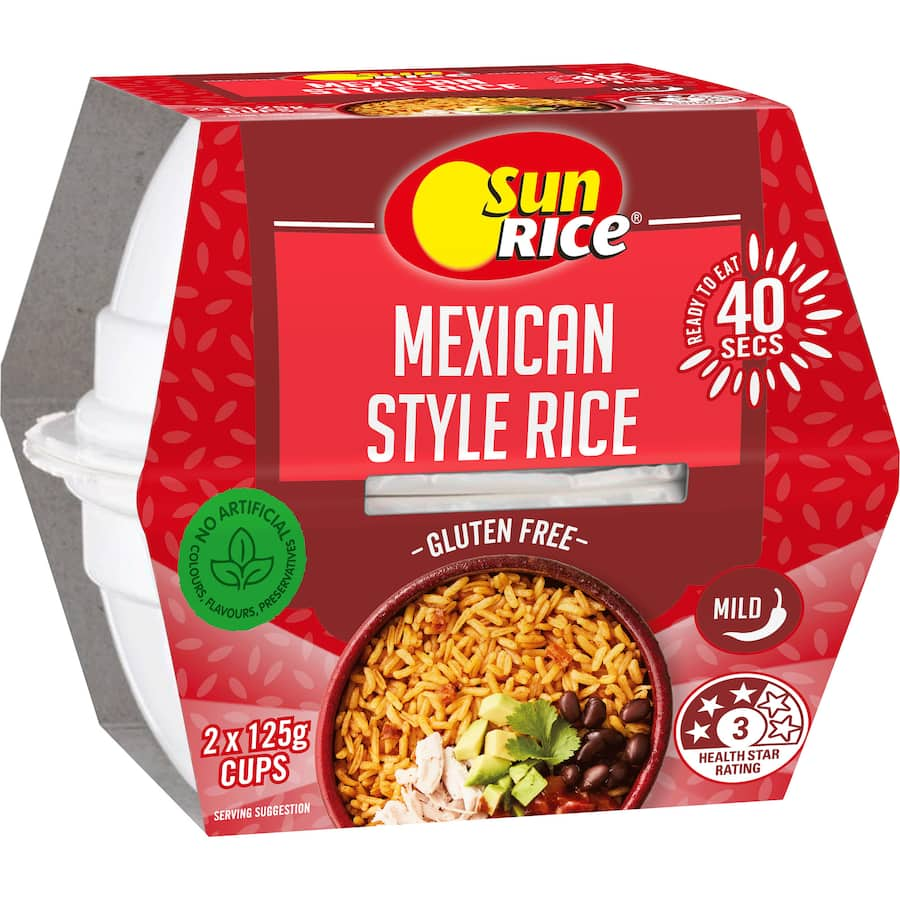 Sunrice Quick Cups Microwave Rice Mexican Style, featuring rice, beans, and spices for a quick, gluten-free meal.