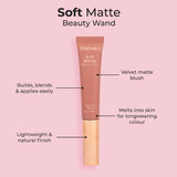 MCoBeauty Beauty Wand Soft Matte Blush in Amaretto, lightweight with velvety matte finish and cushion applicator for effortless application.