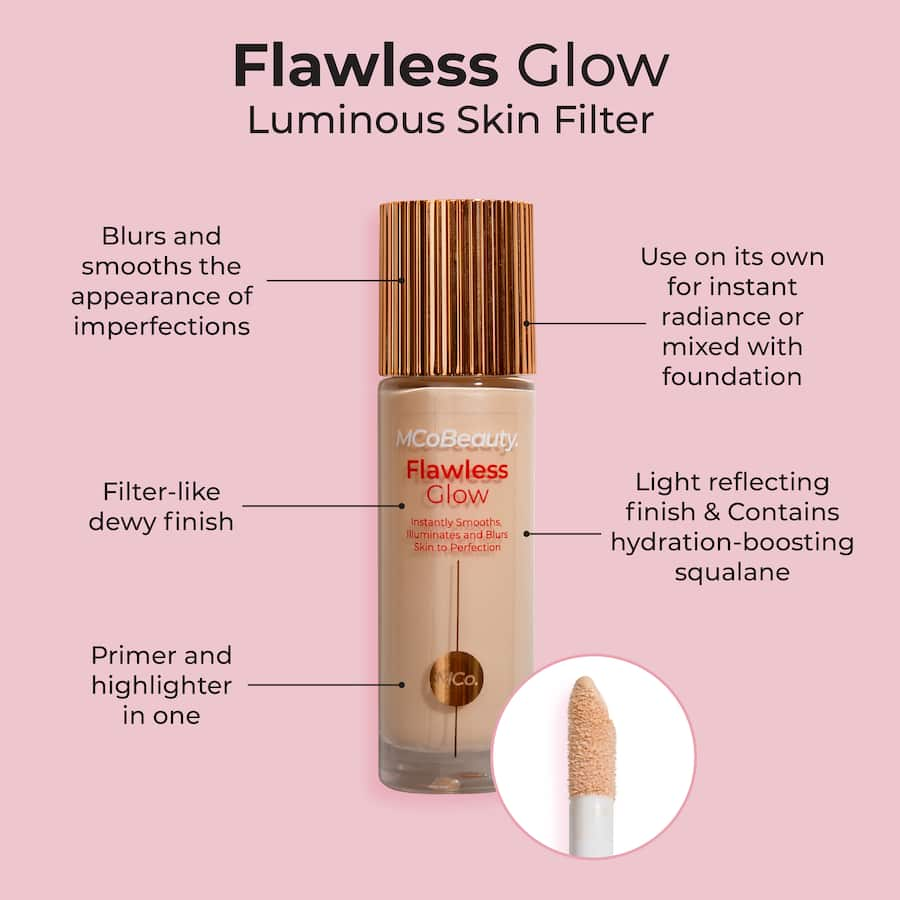 MCoBeauty Flawless Glow Foundation 3.5 Light Medium: Lightweight multi-tasking foundation for a radiant, glowing complexion.