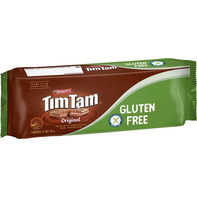 Gluten-free Arnott's Tim Tam Chocolate Biscuits, featuring rich cocoa, creamy filling, and a luxurious chocolate coating.