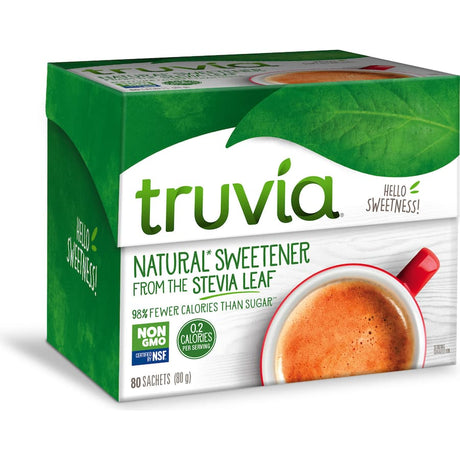 Truvia Stevia Sachets for zero-calorie sweetness, perfect for coffee, smoothies, and reducing sugar intake.