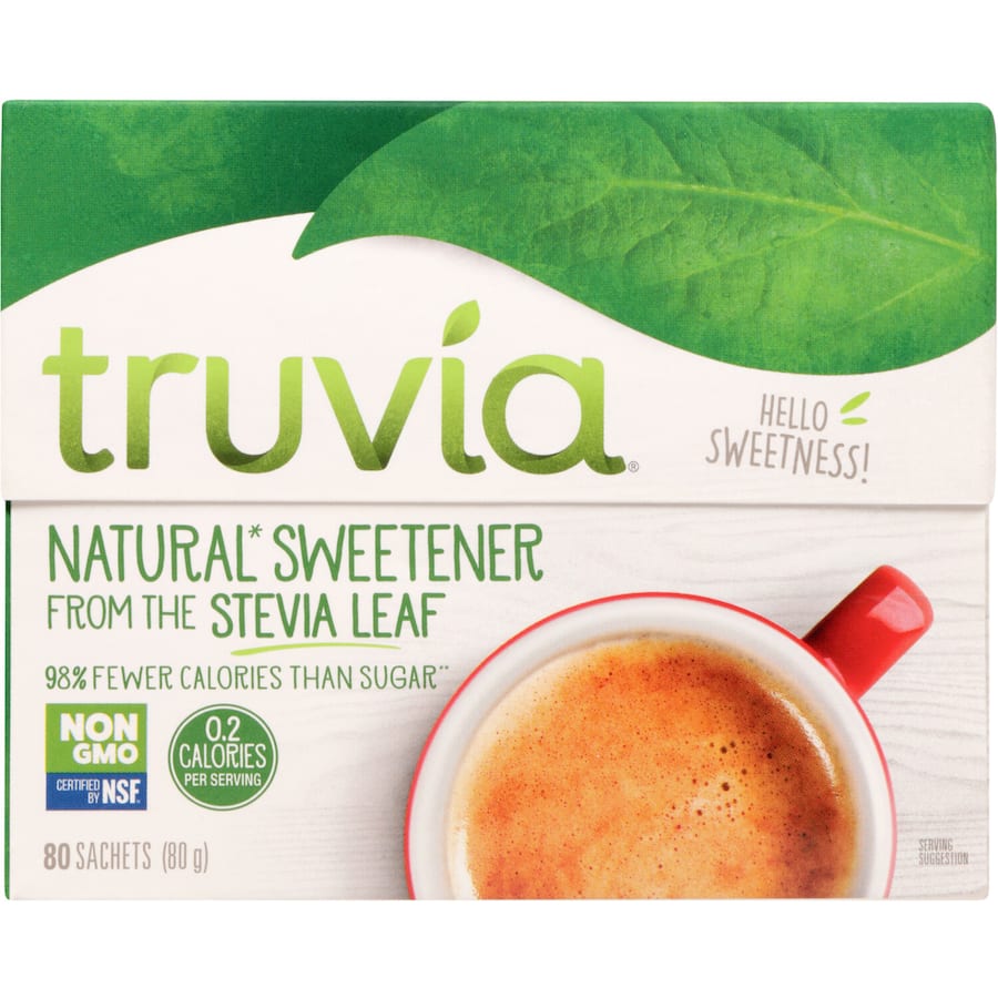 Truvia Stevia Sachets for guilt-free sweetness, zero calories, perfect for coffee, smoothies, and fruit.