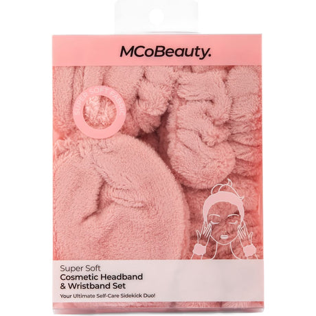 Soft Mcobeauty headband with wired bow and plush wristbands designed for mess-free skincare and makeup routines.