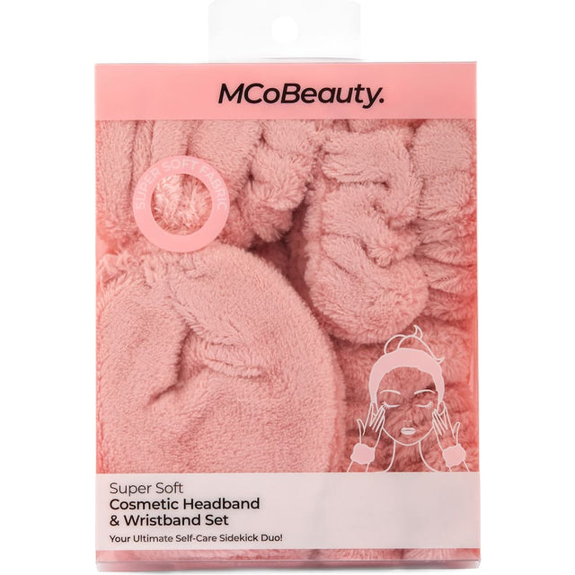 Soft Mcobeauty headband with wired bow and plush wristbands designed for mess-free skincare and makeup routines.