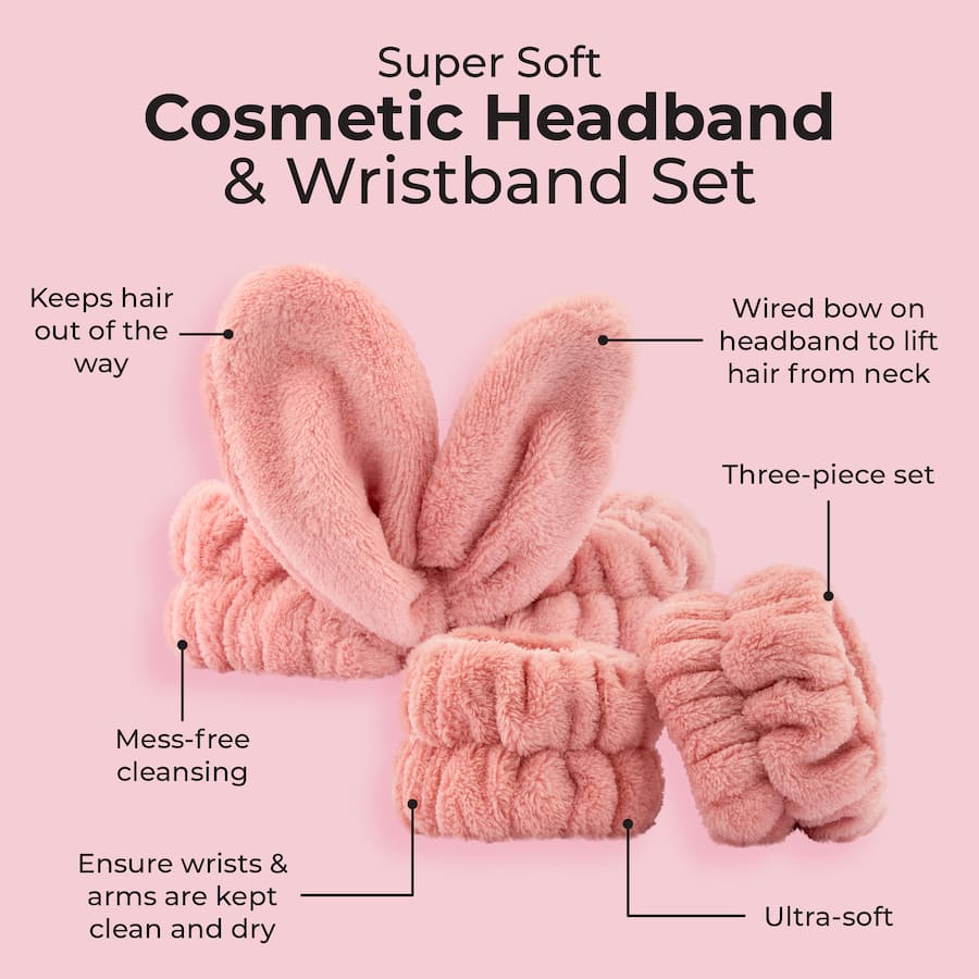 Mcobeauty Cosmetic Headband & Wristband Set featuring a wired bow headband and plush wristbands for effortless beauty routines.