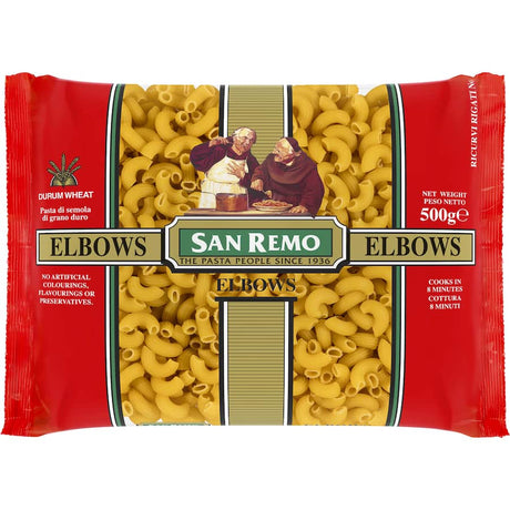 San Remo Pasta Elbow Italian No. 35, versatile hollow pasta made from 100% Australian durum wheat, vegan-friendly and quick-cooking.