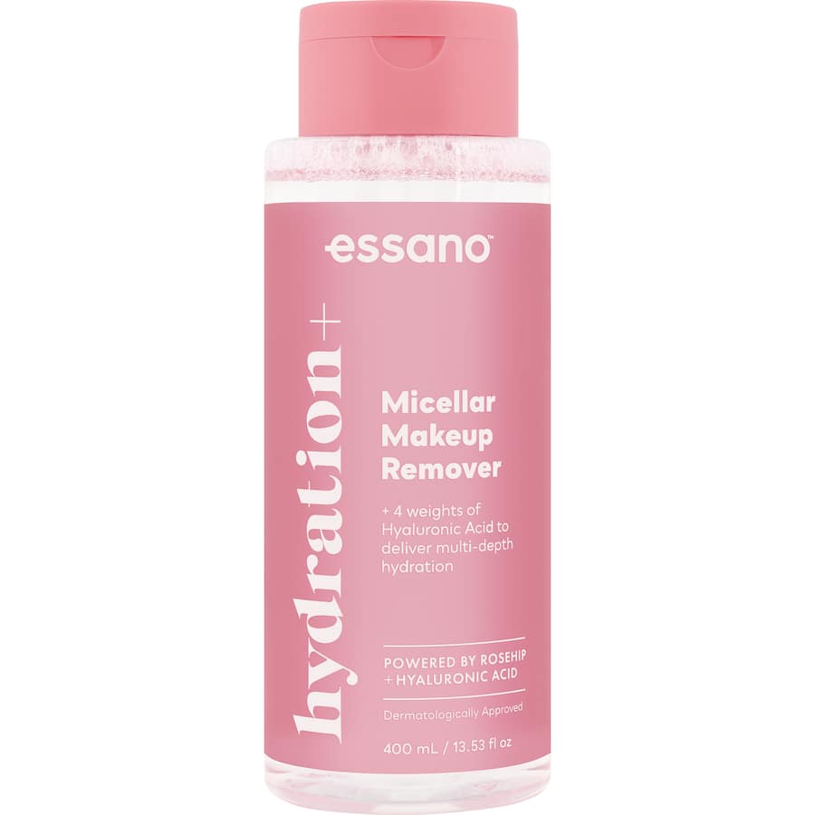 Essano Micellar Makeup Remover Hydration+ effectively removes makeup and dirt while hydrating with soothing rosehip oil.