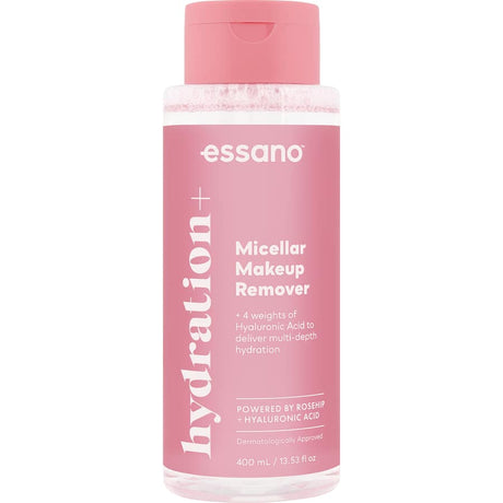Essano Micellar Makeup Remover Hydration+ effectively removes makeup and dirt while hydrating with soothing rosehip oil.