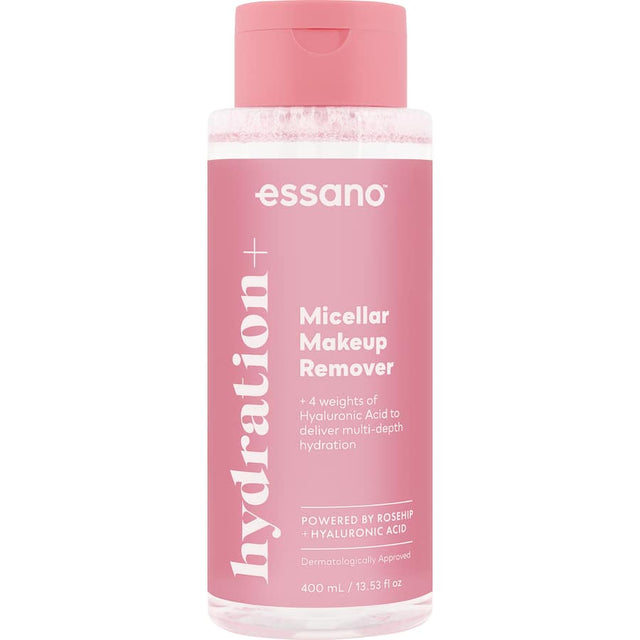 Essano Micellar Makeup Remover Hydration+ effectively removes makeup and dirt while hydrating with soothing rosehip oil.