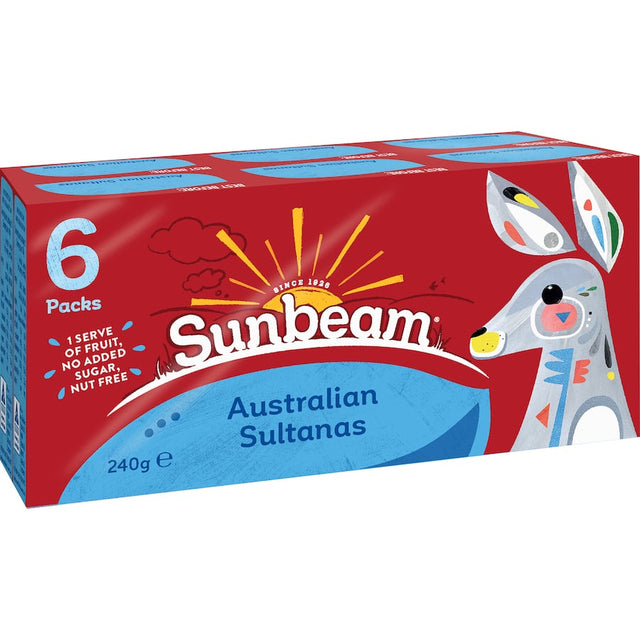 Sunbeam Fruit Snack Sultanas in a 240g pack, delicious, nutritious sun-dried grapes for healthy snacking without added sugars.