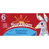 A 240g pack of Sunbeam sultanas, sun-dried grapes that are fat-free, rich in fiber, and perfect for healthy snacking.