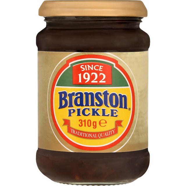 Crosse & Blackwell Branston Pickle jar, a tangy, spicy, and sweet condiment for enhancing sandwiches and dishes.