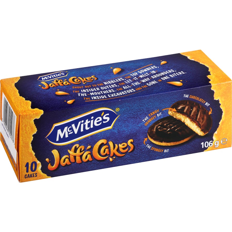 McVitie's Jaffa Cakes featuring a dark chocolate topping, sponge base, and zesty orange filling for a delightful snack.