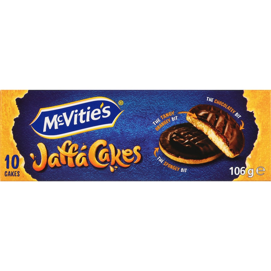 McVitie's Jaffa Cakes: chocolate-coated sponge cakes with a zesty orange filling, perfect for snacking and sharing.