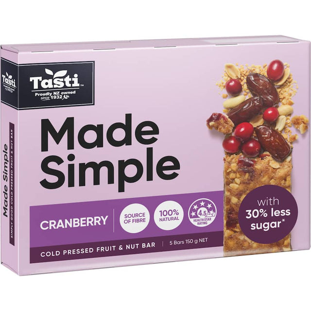 Tasti Made Simple Muesli Bars Cranberry, cold-pressed with oats and cranberries, offering 30% less sugar and 4.5 health stars.