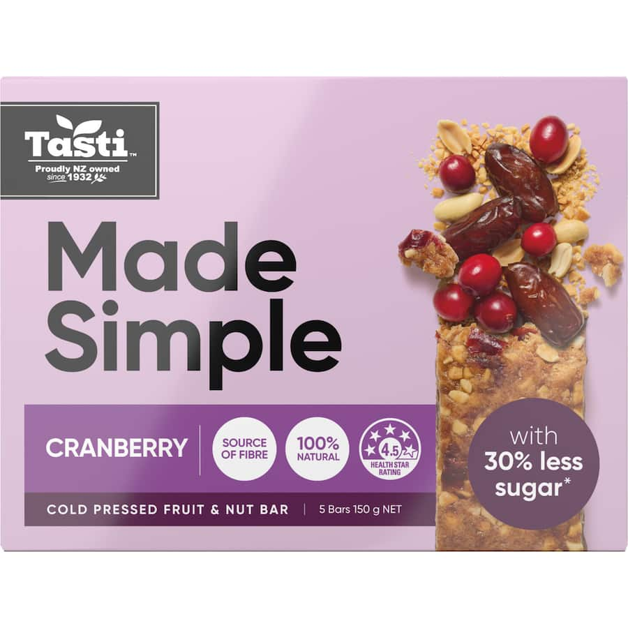 Tasti Made Simple Cranberry Muesli Bars: nutritious, cold-pressed bars with oats and cranberries, 30% less sugar, 4.5 health star rating.