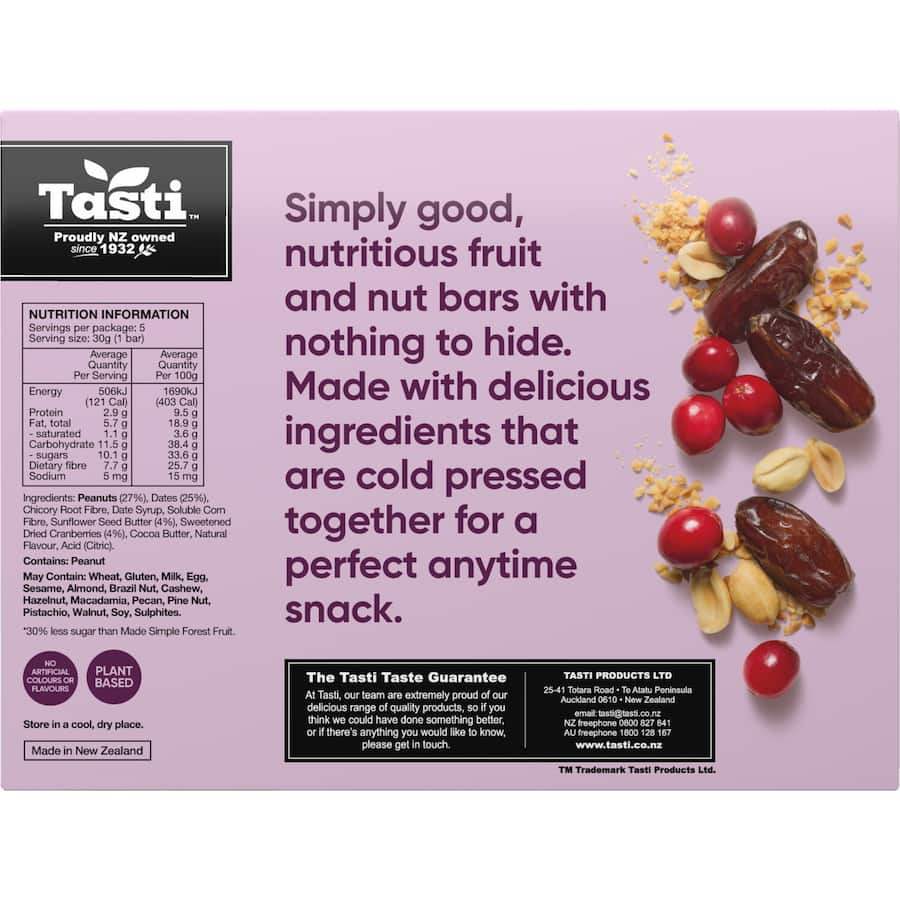 Tasti Made Simple Cranberry Muesli Bars featuring wholesome oats and cranberries, 30% less sugar, cold-pressed for health and flavor.