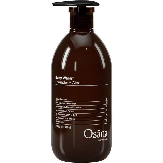 Osana Naturals Lavender + Aloe Body Wash, ultra-moisturizing with a soothing scent for all skin types.