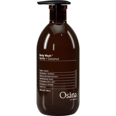 Luxurious Osana Naturals Body Wash with mood-lifting vanilla and coconut scent, nourishing skin and free from harmful chemicals.