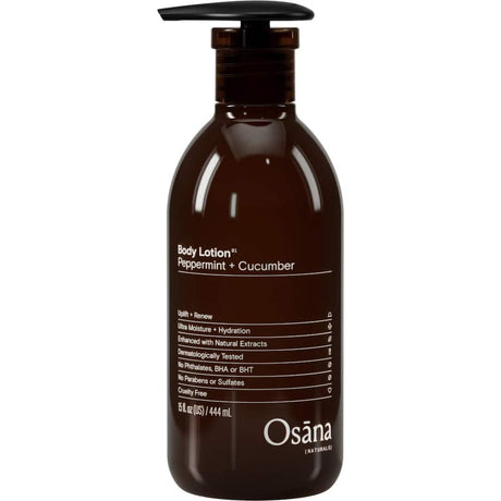 Moisturizing Osana Naturals Body Lotion featuring Peppermint and Cucumber for soothing, hydrating skincare.