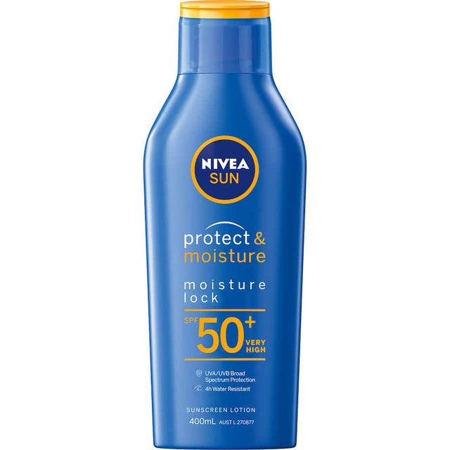 Nivea Sun Sunscreen Protect & Moist SPF 50 lotion for high UV protection and skin hydration with water resistance.