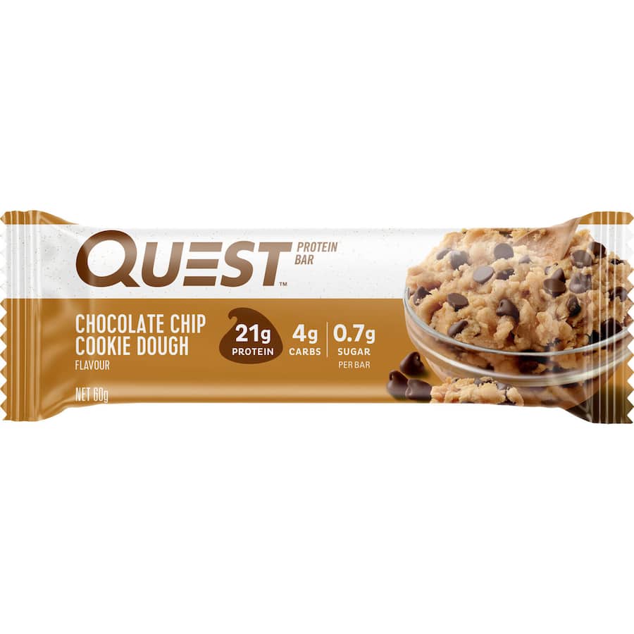 Delicious Quest Bar Protein Bar in Chocolate Chip Cookie Dough flavor, high in protein and fiber for guilt-free snacking.