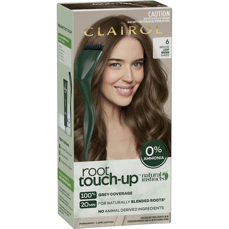 Clairol Natural Instincts Root Touch-Up in Light Brown for seamless grey coverage, ammonia-free, eco-friendly formula.