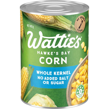 Can of Wattie's Corn Whole Kernel No Added Salt or Sugar, showcasing fresh, versatile corn for healthy cooking.