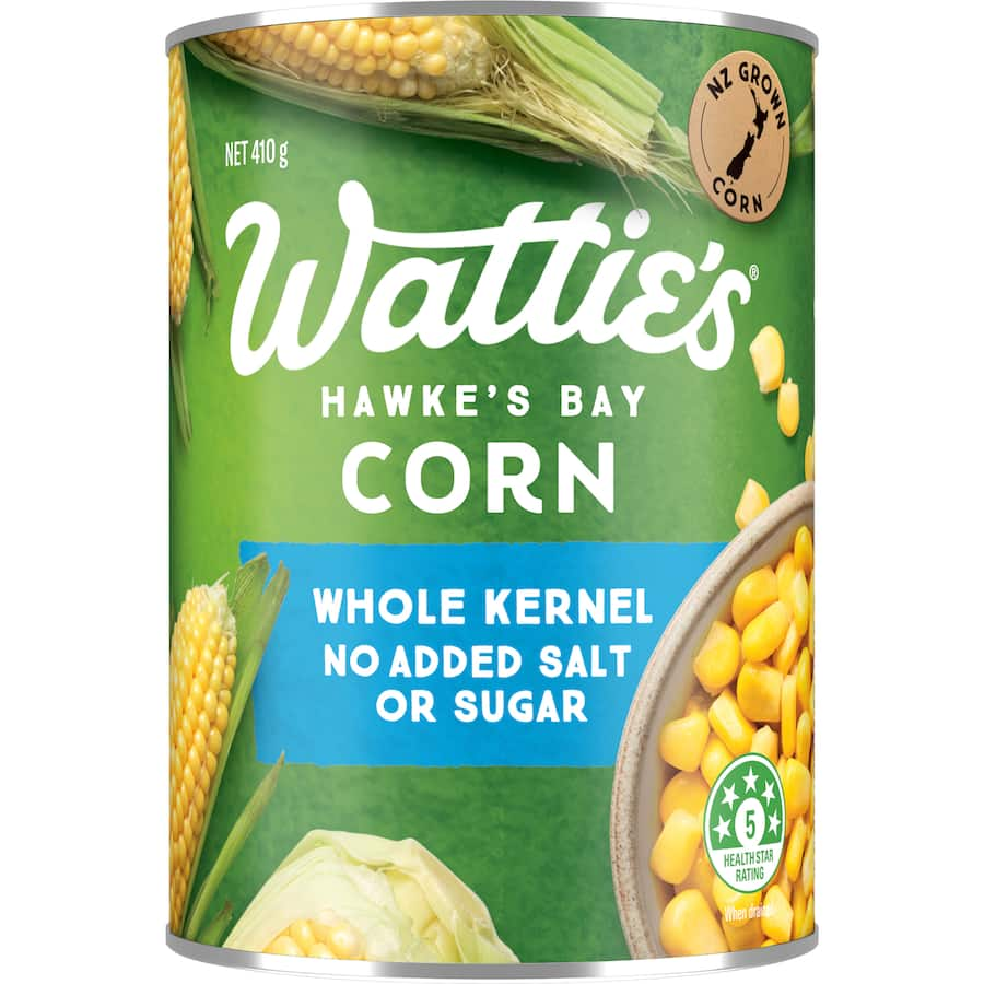 Canned whole corn kernels from New Zealand, no added salt or sugar, high in fiber, perfect for healthy meals and snacks.