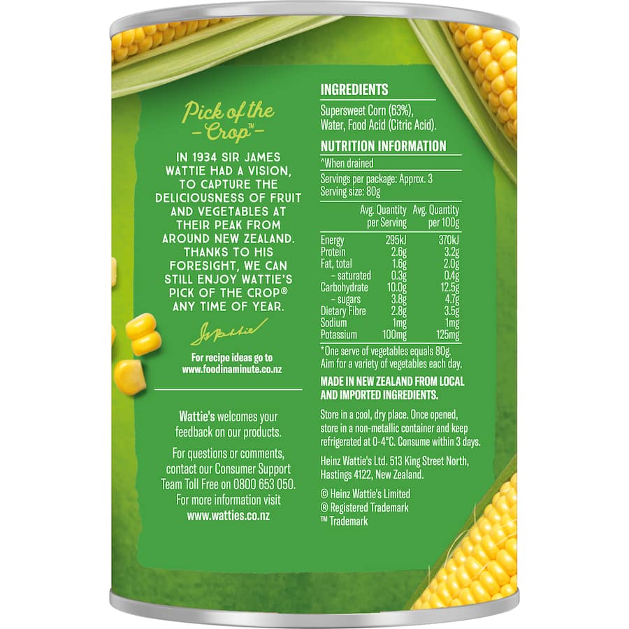 Wattie's Corn Whole Kernel No Added Salt or Sugar, New Zealand grown, nutritious corn perfect for salads, sandwiches, and frittatas.