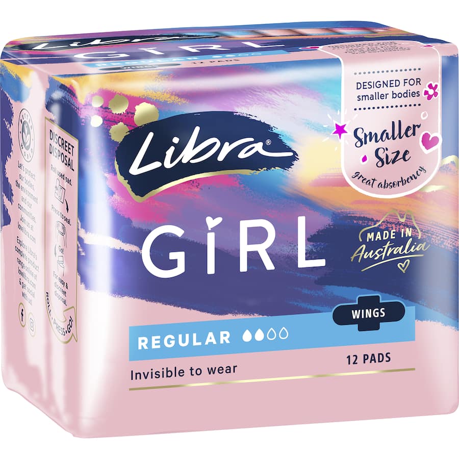 Libra Girl Regular Ultra Thin Pads with Wings, designed for teens, offer discreet, absorbent protection for active lifestyles.