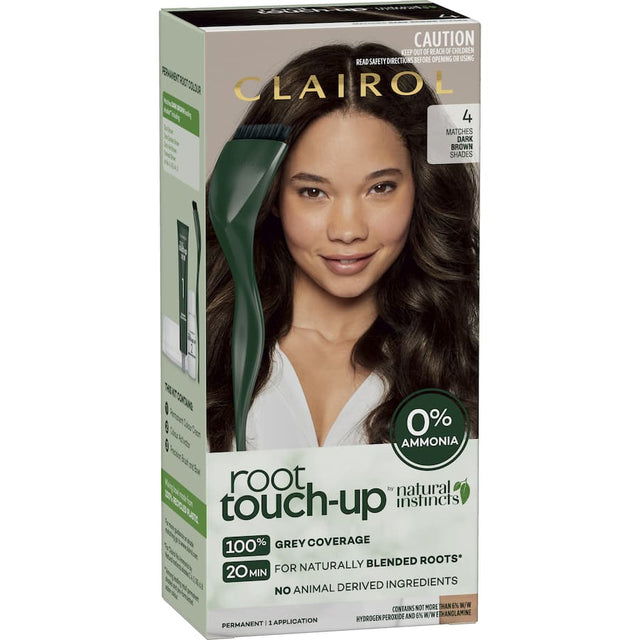 Clairol Natural Instincts Dark Brown Root Touch-Up for easy, ammonia-free grey coverage at home in just 20 minutes.