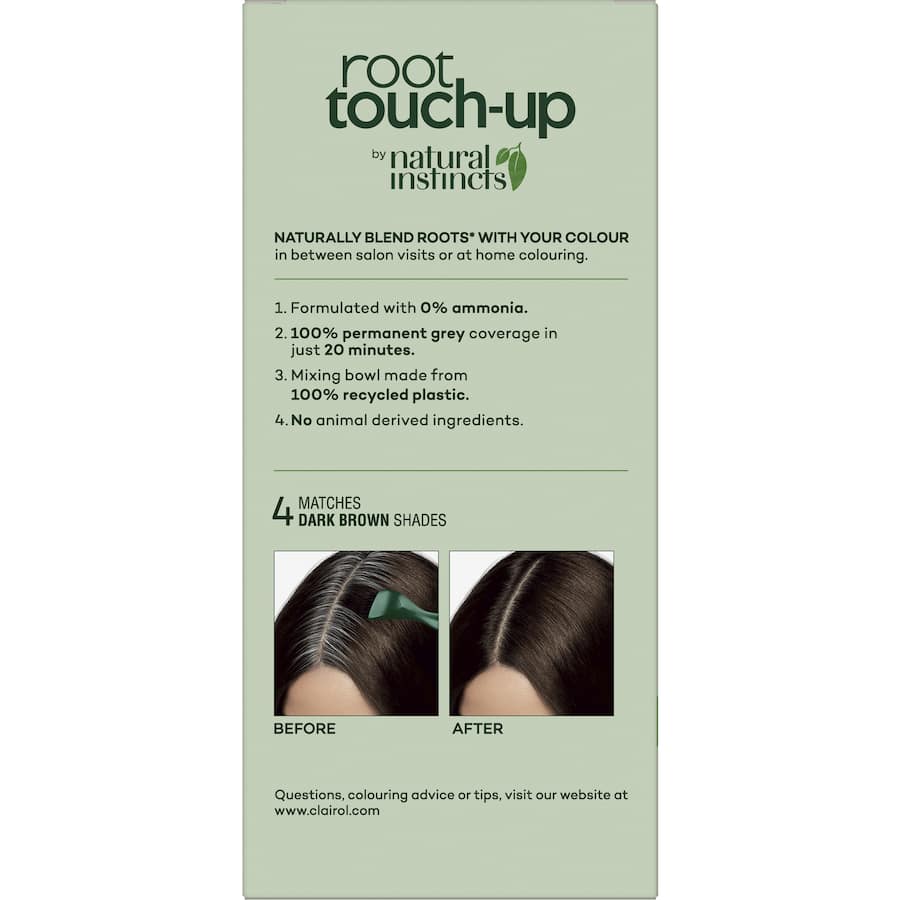 Clairol Natural Instincts Dark Brown Root Touch-Up kit for easy, ammonia-free grey coverage at home in 20 minutes.