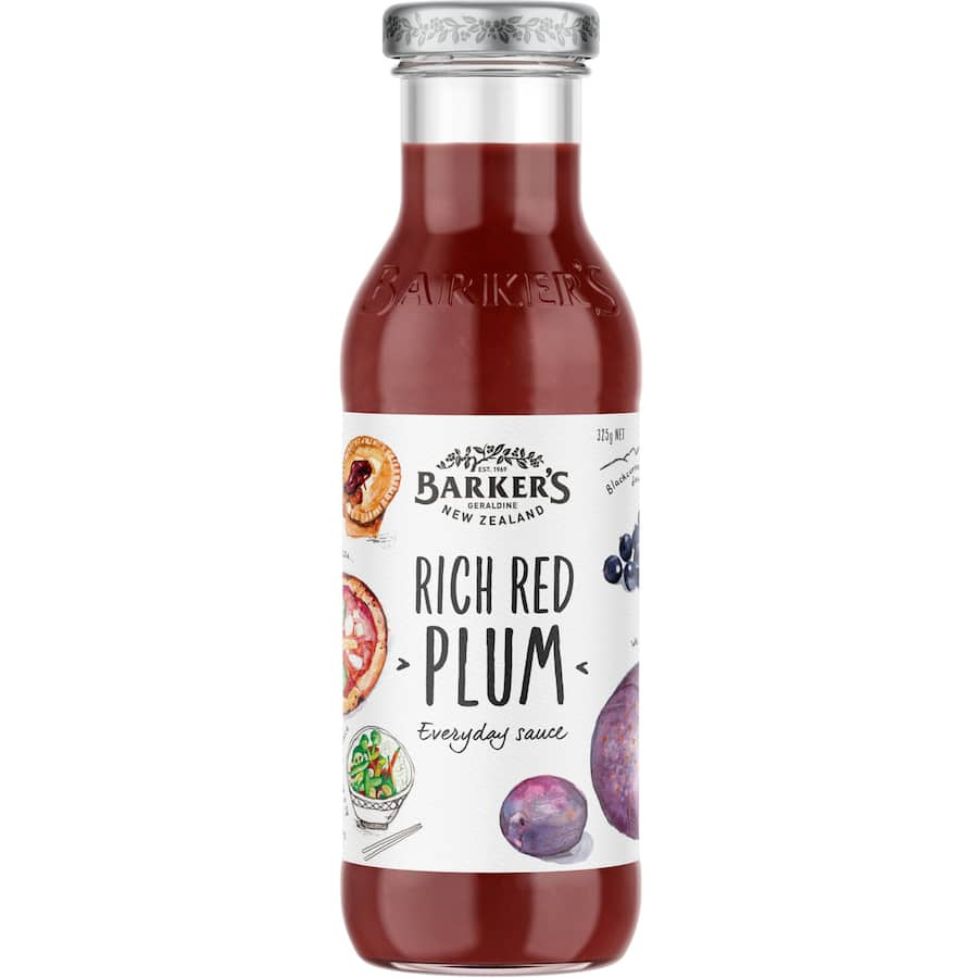 Barkers Plum Sauce Rich Red in a bottle, showcasing its vibrant color and rich flavor for gourmet cooking and dipping.