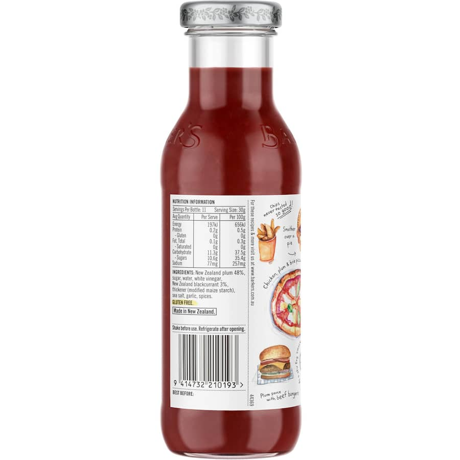 Barkers Plum Sauce Rich Red bottle, showcasing its deep red color and perfect for enhancing meats and vegetables.