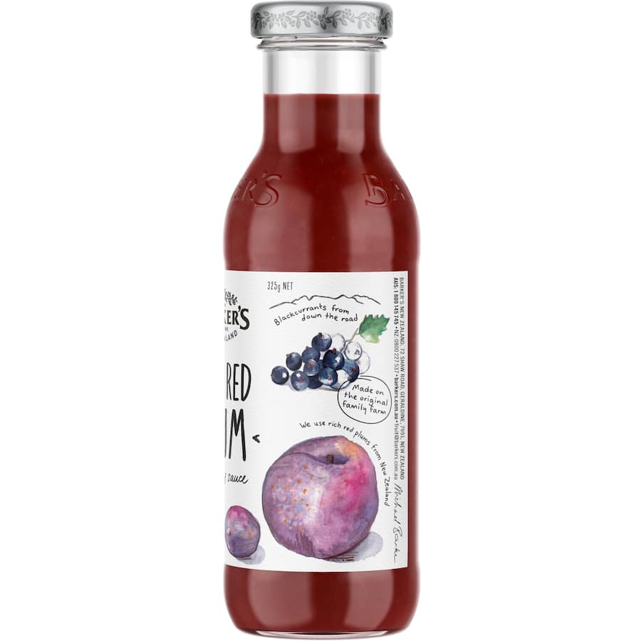 Barkers Plum Sauce Rich Red in a glass bottle, showcasing its vibrant color, perfect for enhancing gourmet dishes.